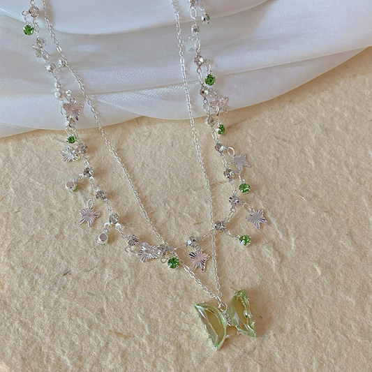 Garden Butterfly - Olive Green Double Layer Butterfly Necklace, Silver Plated Zircon Pendant