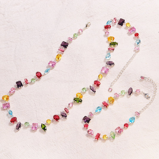 Sweet Candy - Silver Zircon Crystal Jewelry Set – Bracelet & Necklace, Adjustable Chain